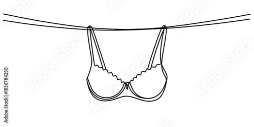 Black and white line drawing of a bra hanging on a clothesline, isolated on continuous one line art of vector illustration