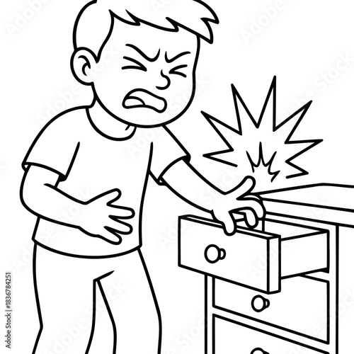 Ouch! A young boy experiences a painful moment as he pinches his finger in a drawer, expressing his pain in a line-art illustration.