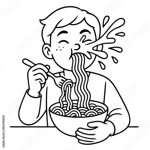 Spaghetti Mishap: A comic illustration captures a young person's hilarious experience, food splattering dramatically.