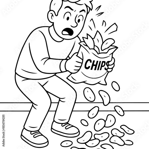 Chips on the floor: A surprised person watches chips fall from a bag and land on the floor, in a moment of surprise and shock