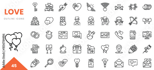 A collection of love-themed outline icons showcasing romance and affection.
