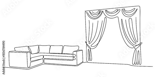 Sketch of a sectional sofa and elegant draped curtains isolated on, interior design concept drawing continuous one line art of vector illustration
