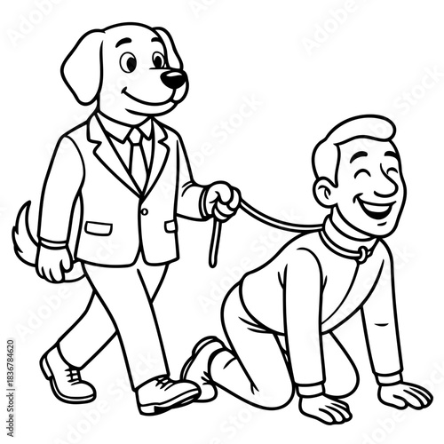 Whimsical Dog's Walk: A cartoon-style illustration shows a dog dressed in a suit leading a man on a leash, sparking a playful and humorous narrative.