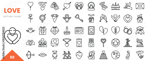 A collection of love-themed outline icons showcasing various romantic symbols in black and white.