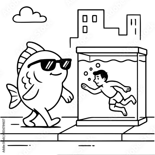 Whimsical Aquatic Exchange: A fish confidently strolls, sporting shades, as a child playfully swims inside a glass aquarium in an urban scene. This illustrative style portrays a lighthearted.