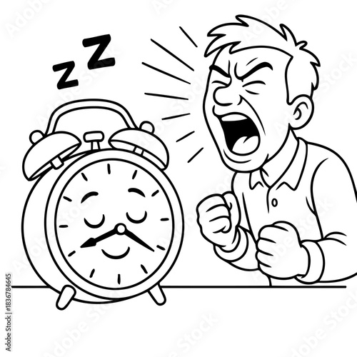Alarm Clock's Challenge: A man enraged, face contorted, expresses frustration at a peacefully slumbering alarm clock, highlighting the daily struggle with mornings.