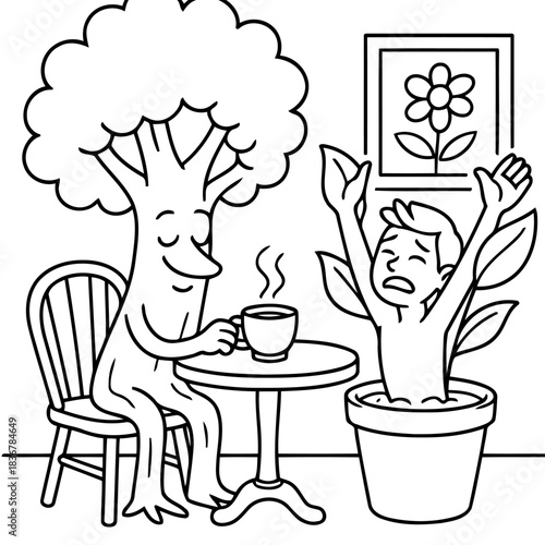 Tree and Human Plant Dialogue: A whimsical cartoon depicts a tree and a human-plant hybrid engaged in a curious cafe conversation, showcasing nature's playful side.