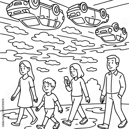 Surreal Journey: A family navigates a street where cars float in the sky. It depicts a thought-provoking scene that blends the ordinary with the extraordinary, leaving a lasting impact.