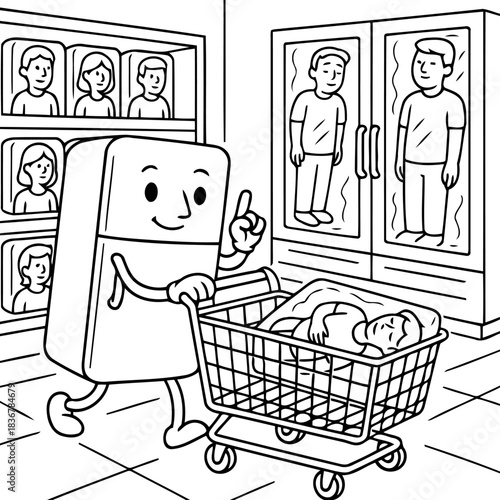 Shopping For A Person in a Fridge: A surreal illustration depicts a refrigerator character selecting a person from a row of refrigerators, offering a unique take on consumerism and social commentary.