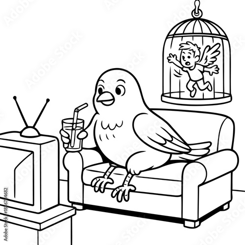 The Bird's World: A comical scene unfolds as a bird enjoys a refreshing beverage while a cartoon angel is trapped in a cage, suggesting freedom's contrast and the pleasures of the present.