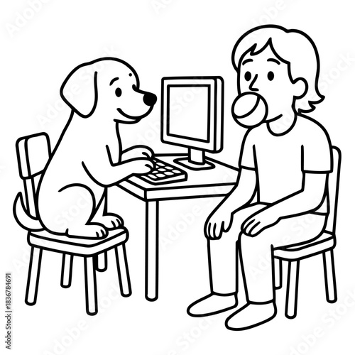Dog on Keyboard: An illustration depicts a dog typing on a keyboard, beside a person chewing a bubblegum, symbolizing the unexpected moments of shared tasks and friendship.