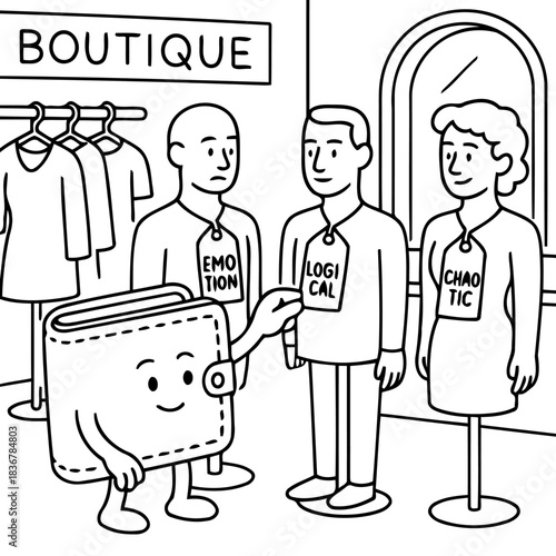 The Wallet's Choice: An engaging illustration portrays the intriguing choices presented within a boutique.