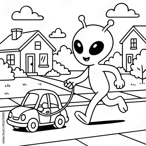 Alien Taking a Car for a Walk: In a whimsical illustration, a friendly alien takes a miniature car, complete with passengers, for a delightful stroll through a suburban neighborhood.