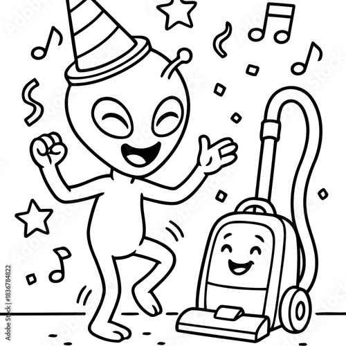 Extraterrestrial Party: A whimsical illustration of an extraterrestrial dancing gleefully at a party, alongside a cheerful vacuum cleaner, celebrating a moment of unearthly fun.