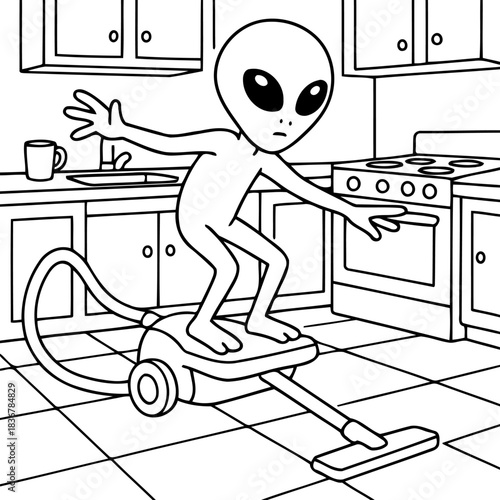 Alien on Vacuum Cleaner: A whimsical illustration depicts a curious extraterrestrial navigating a vacuum cleaner within a domestic kitchen setting. 