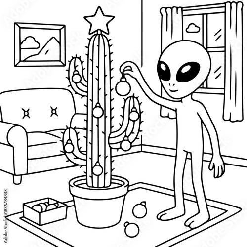 Alien Decorating a Cactus Christmas Tree: An extraterrestrial being decorates a cactus, transforming it into a quirky Christmas tree in a domestic setting.