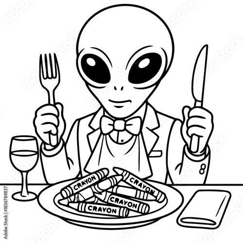 Alien Gourmet Dinner: An extraterrestrial being prepares to dine on a plate of crayons, clutching utensils with an air of sophisticated elegance. A playful contrast of the unusual and the formal.