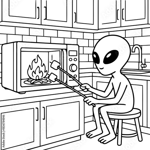 Alien's Microwave Mishap: An extraterrestrial being attempts to toast marshmallows in a microwave. With a cartoon-like charm.