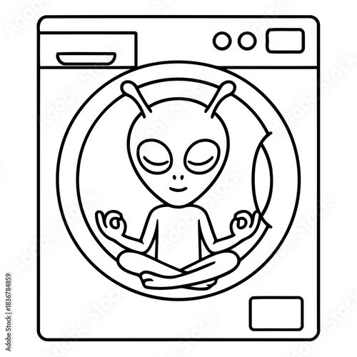 Intergalactic Laundry Day: An extraterrestrial being meditates peacefully inside a washing machine, showcasing an absurd yet imaginative scene of cosmic serenity.
