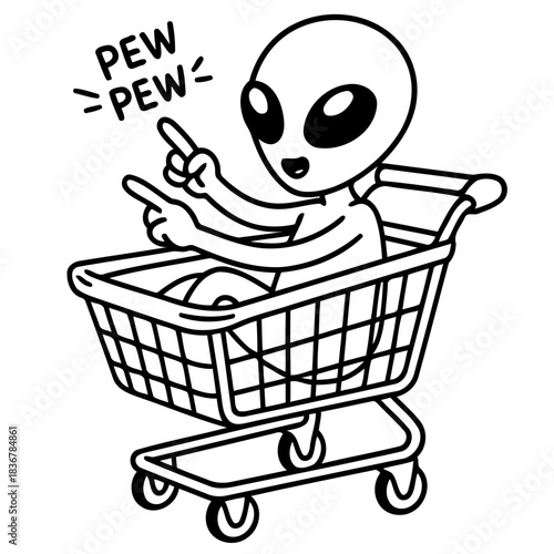 Playful Extraterrestrial Shopping Spree: An engaging monochrome illustration showcases a cheerful alien seated in a shopping cart, pointing and emitting pew pew sounds.