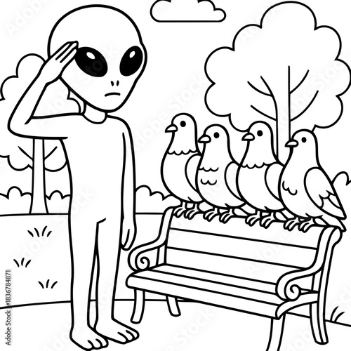 Extraterrestrial Greetings: An alien, rendering a formal salute towards a flock of pigeons on a park bench, hinting at an unexpected meeting and an out-of-this-world encounter. 