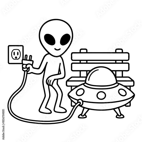 Cosmic Connection: A friendly extraterrestrial plugs in a spaceship, ready to embark on intergalactic journeys, showcasing imagination and wonder.