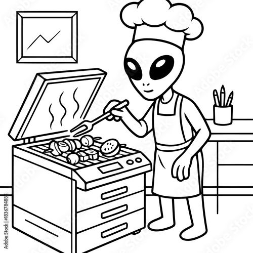 Alien Chef at Grill: An extraterrestrial chef meticulously grills a platter of culinary creations, adding a unique twist to a traditional backyard barbecue, captured in black and white illustration. 