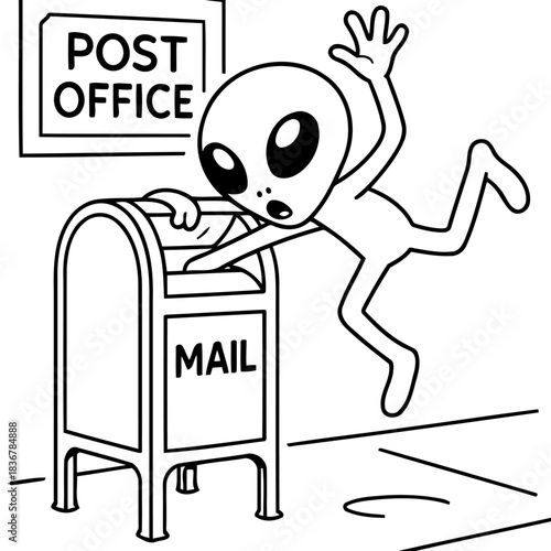 Alien Mail Delivery Adventure: A curious alien, with an expressive gesture, engages with a mailbox labeled Mail at a post office, offering a unique scene that could spark conversations.