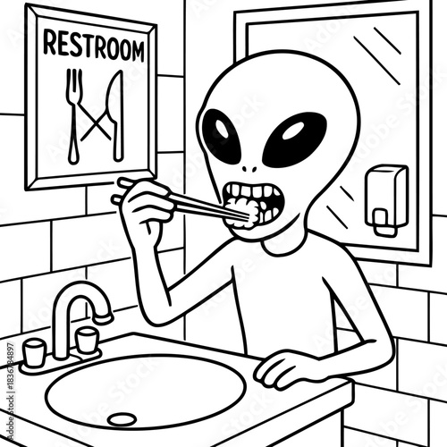 Alien Brushing Teeth in Restroom: A comical illustration presents an extraterrestrial figure diligently brushing its teeth in a public restroom setting.