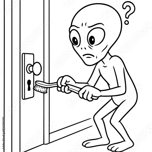 Alien's Dilemma: An alien, perplexed, attempts to open a door with a brush, symbolizing confusion and problem-solving, exploring the unknown with curiosity.
