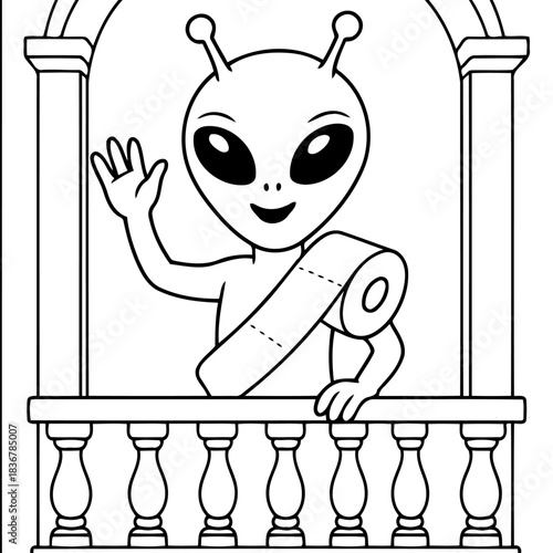 Extraterrestrial Welcome: An extraterrestrial being, radiating friendliness, waves from an architectural structure, embodying the charm of universal connection and curiosity.