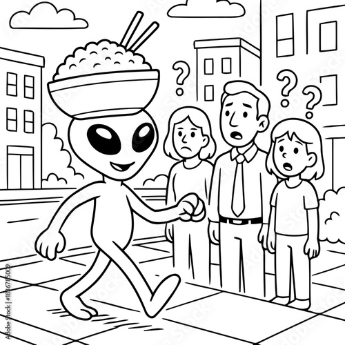 Alien's Culinary Journey: An alien confidently strides down a city street, balancing a bowl of food on its head, leaving a family in bewildered curiosity.