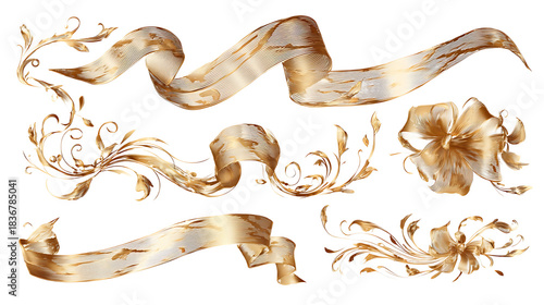 Golden ornate ribbons and floral elements elegant decorative flourishes for invitations and luxury design isolated on white on white background.