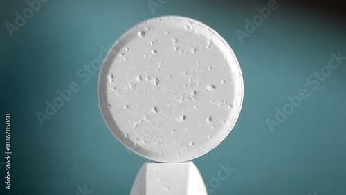 Close-up of a White Round Tablet with Small Pits on a Teal Background.