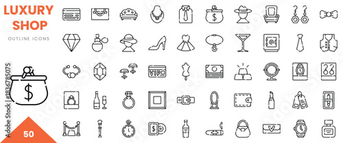 A collection of luxury shop outline icons including jewelry, bags, and fashion items.