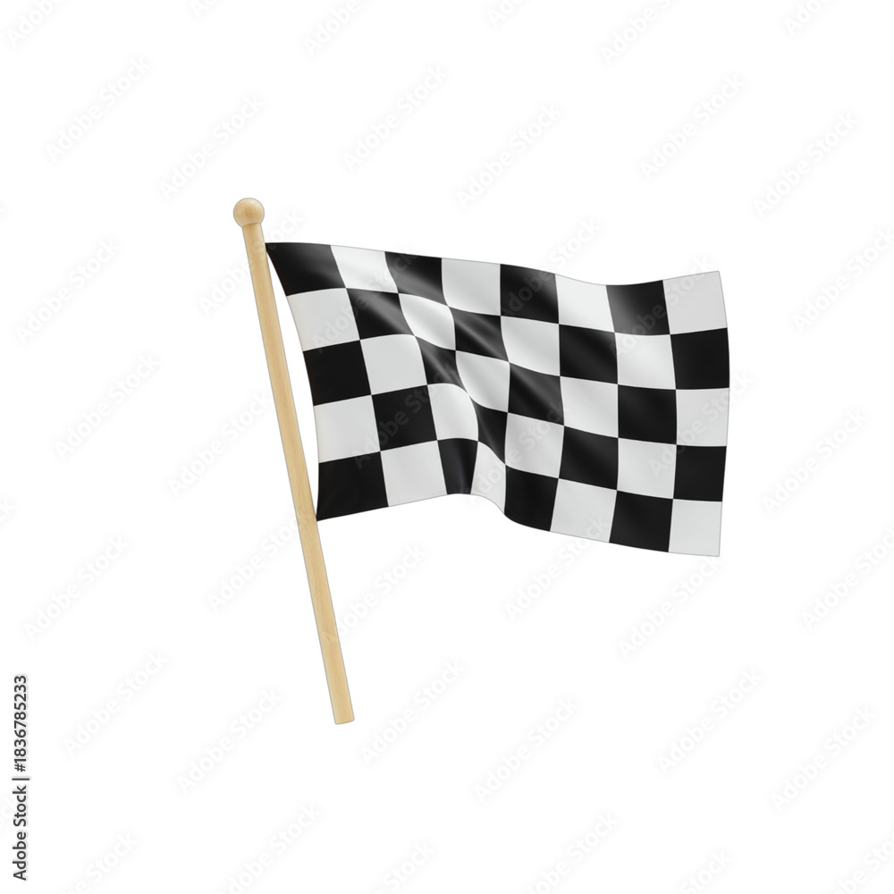 Obraz premium Waving checkered flag on a wooden pole signaling the end of a race isolated on transparent background