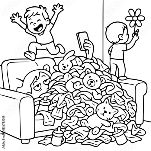 Messy Family Living Room: Chaos unfolds in a family living room as a mountain of toys and baby items surrounds a tired parent, while children play freely.