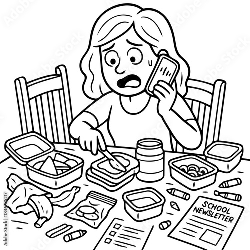 Busy Morning Chaos: A stressed individual navigates the frantic rush of the morning routine, multitasking while packing lunches and managing phone calls.