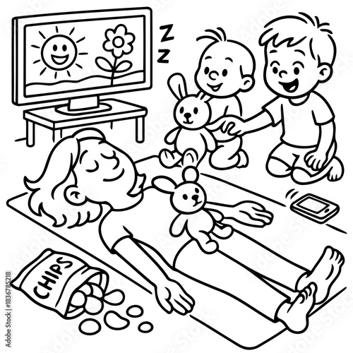 Tired Afternoon Nap: Depicting a scene of tranquility and rest, this illustration portrays a person enjoying a peaceful nap while children play nearby.