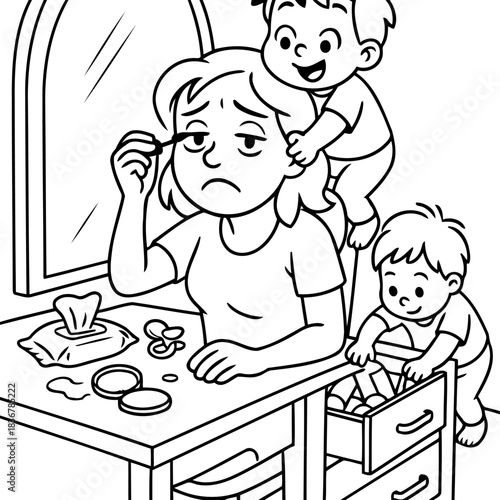 Tired Mom's Morning Rush: A moment captured, depicting the endearing chaos of a mother's morning routine, a blend of exhaustion and tenderness in a drawing.