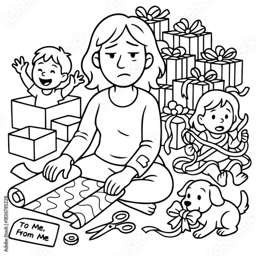 Christmas gift wrapping scene: The image portrays a woman with a melancholic expression amid the hectic of gift wrapping, embodying the emotional rollercoaster during the festive season.