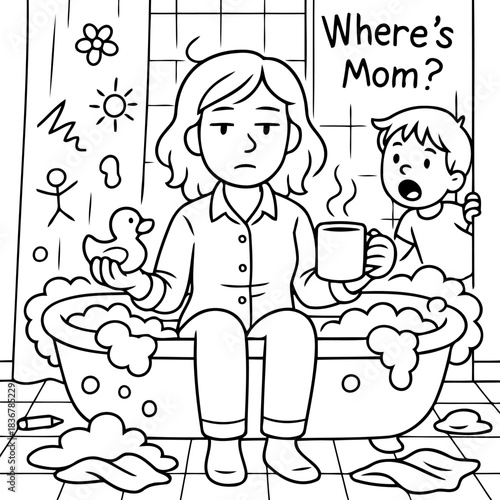 Daily Stress: A stressed-out individual finds a moment of respite in a bubble-filled tub, sipping from a hot beverage, while a curious child questions Where's Mom?
