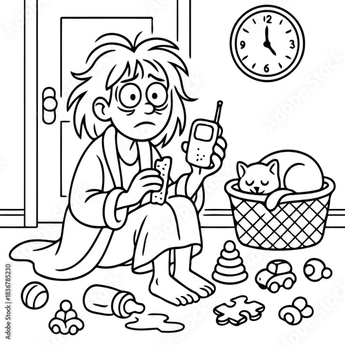 Tired Parent's Predicament: Capturing the weary exhaustion of a parent amidst a chaotic scene, highlighting the struggles of early mornings and demanding days.