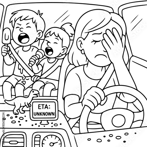 Chaos in Transit: A harried mother navigates the challenges of a car journey, surrounded by the din of restless children and the uncertainty of an unknown arrival time.
