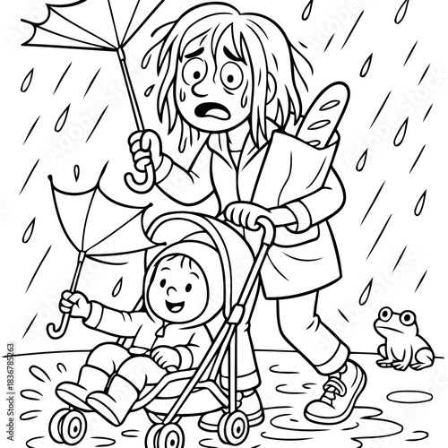 Rainy Day Blues: A mother navigates a downpour with a stroller and a baguette, her face etched with the trials of a rainy day, alongside an umbrella and baby.