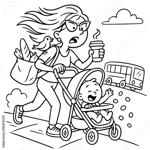 Running Late: A Cartoon depicts a frantic parent navigating a busy city street with a stroller. They juggle a coffee cup, shopping and a cheerful baby, embodying the everyday hustle of parenthood.
