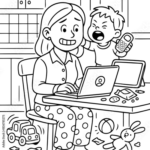Juggling Act: A mother tries to focus on her work while her child is demanding attention.