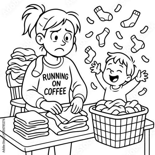 Laundry Day Chaos: A harried mother battles an unruly child amidst a mountain of laundry, capturing the relatable chaos of everyday family life.