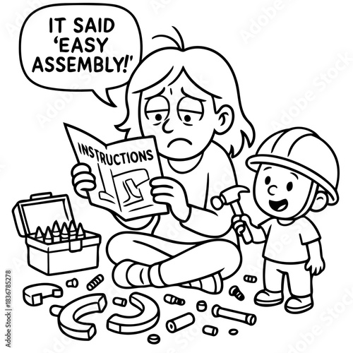 Instruction Dilemma: a mother and child confront assembly challenges. Frustration, confusion, and determination in the face of complex instructions