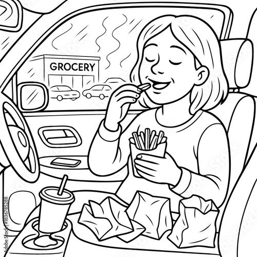 Woman Enjoying French Fries in Car: A young woman savors the deliciousness of French fries, content in her car, ready to eat meal in a restaurant.